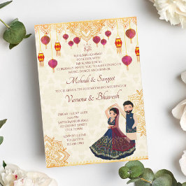 Mehndi och sangeet inbjuder söta indiska par inbjudningar