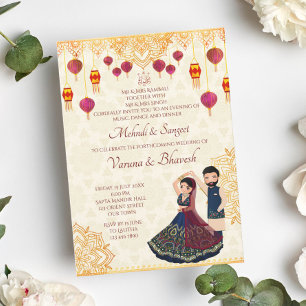 Mehndi och sangeet inbjuder söta indiska par inbjudningar