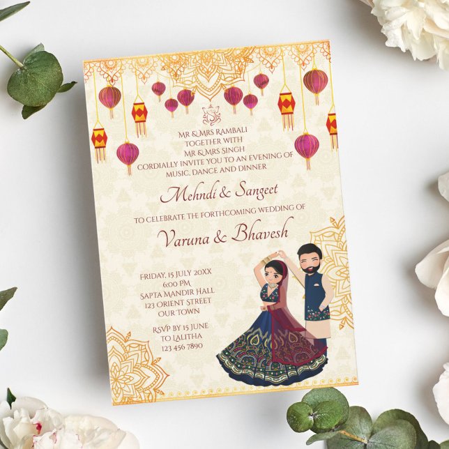 Mehndi och sangeet inbjuder söta indiska par inbjudningar (Skapare uppladdad)