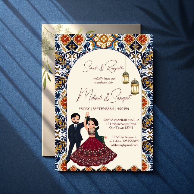 Mehndi och sangeet Indian bröllop Inbjudningar (Mehndi and sangeet Indian wedding Invitation template instant download cute bridal couple cartoon)