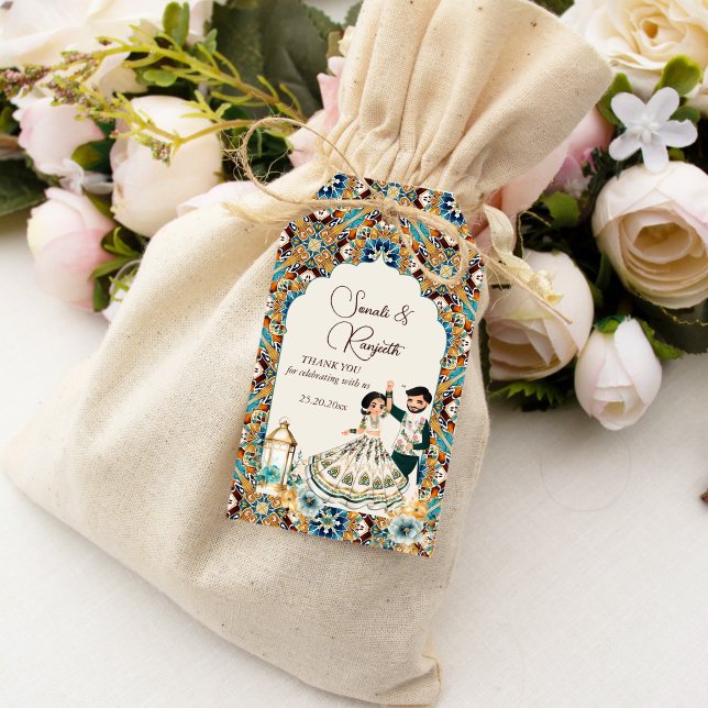 Mehndi och Sangeet Indian bröllopsförmån Presentetikett (Mehndi and sangeet Indian wedding with cute bridal couple cartoon thank you favor Gift Tags )