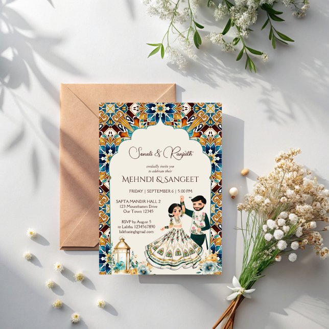 Mehndi och sangeet Indian bröllopsinbjudan Inbjudningar (Mehndi and sangeet Indian wedding Invitation template instant download cute bridal couple cartoon)