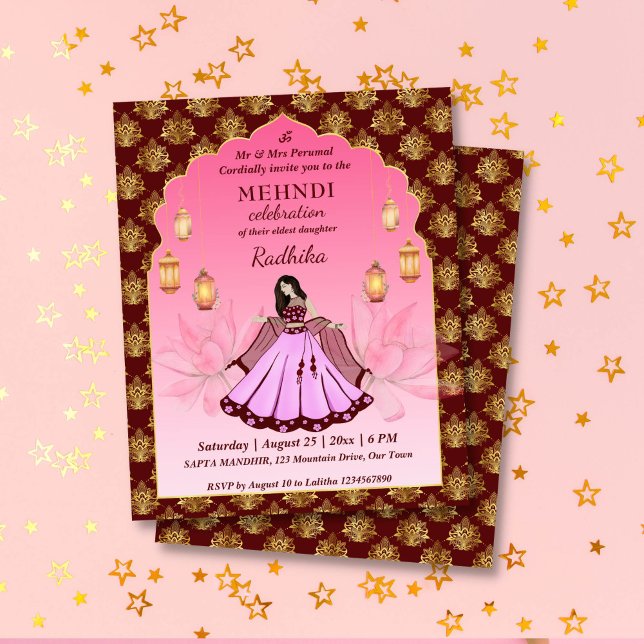 Mehndi rosa lotus Indian bride budget inbjudan (Mehndi budget invitation maroon pink arch frame gold lotus dancing Indian bride Moroccan lanterns)