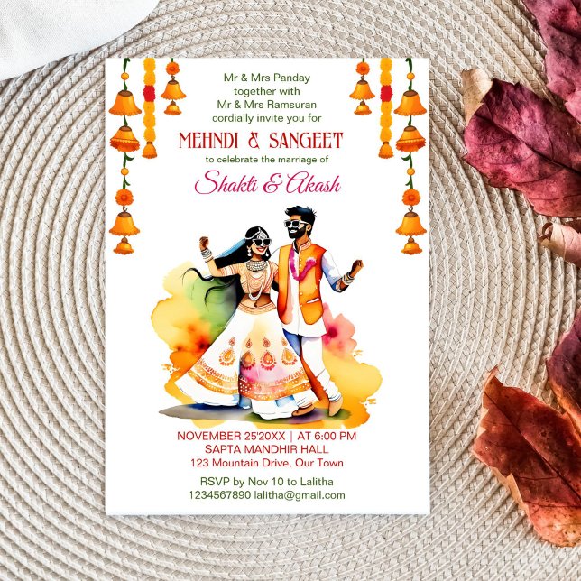 Mehndi Sangeet dans Indian möhippa par modern Inbjudningar (Mehndi and sangeet template invitation instant download dancing Indian bridal couple modern colorful)