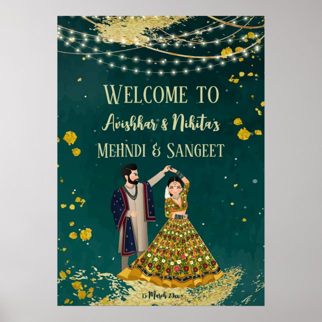 Mehndi sangeet grönt med dansparet välkommet poster (Framsidan)