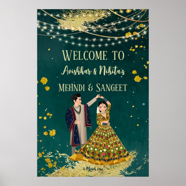 Mehndi sangeet grönt med dansparet välkommet poster (Framsidan)