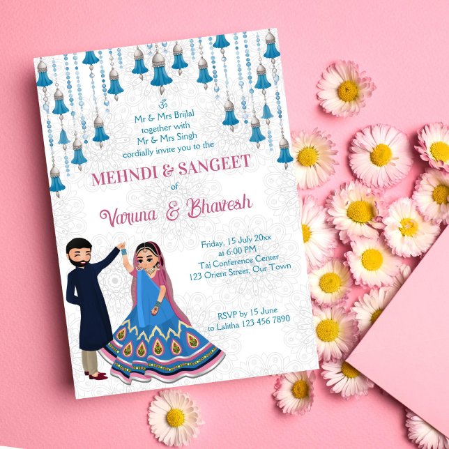 Mehndi sangeet inbjudan dans sött indiskt par (Mehndi sangeet editable template invitation digital download blue silver dancing cute Indian couple)
