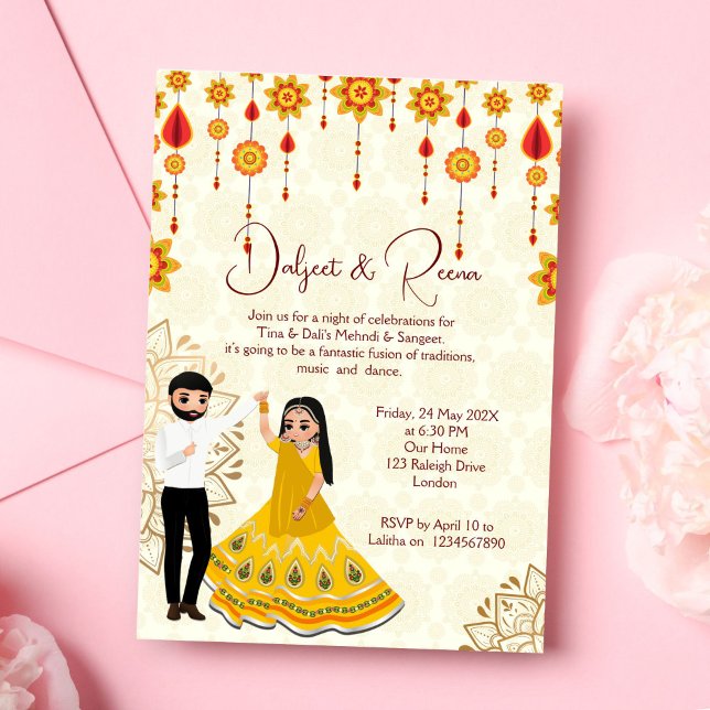 Mehndi sangeet inbjudan dans sött indiskt par (Mehndi and sangeet invitation editable template digital  dancing cute Indian couple caricature )