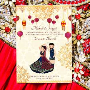 Mehndi & sangeet-inbjudan söt indiskt par inbjudningar
