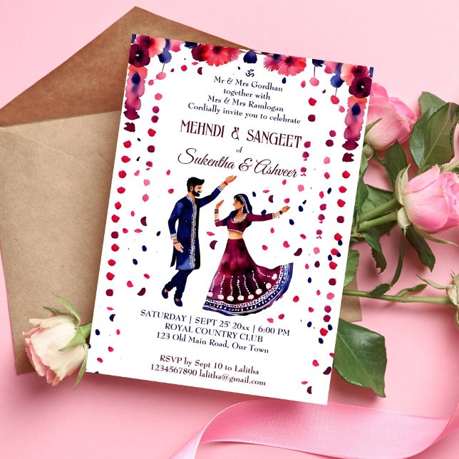 Mehndi Sangeet Indian bröllop, modern vattenfärg Inbjudningar (Mehndi and Sangeet Indian wedding dancing bridal couple template invitation instant download maroon)