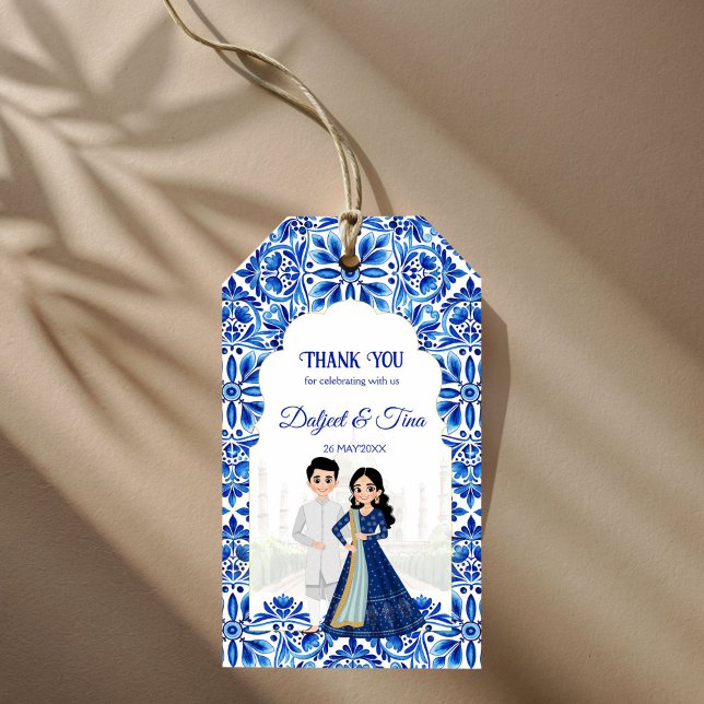 Mehndi Sangeet Indian bröllop Söta favoriter Presentetikett (Mehndi Sangeet Indian wedding favors cute bridal couple cartoon customized favor Gift Tags)