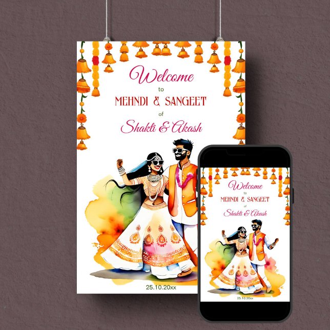 Mehndi Sangeet indisk möhippa - välkomsttecken Poster (Sangeet mehndi Indian wedding welcome sign poster instant download fun Indian dancing bridal couple)
