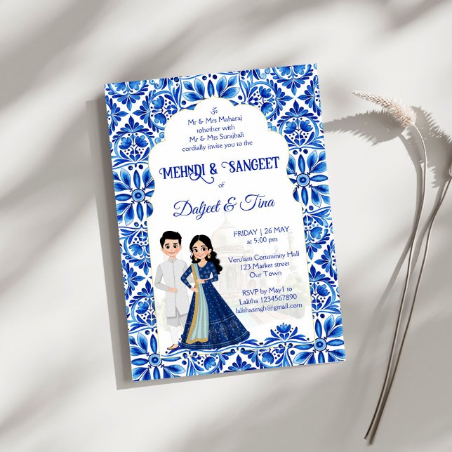 Mehndi Sangeet Indiska bröllop blå, vit söt Inbjudningar (Mehndi and Sangeet Indian wedding blue and white cute bridal couple cartoon Invitation template)