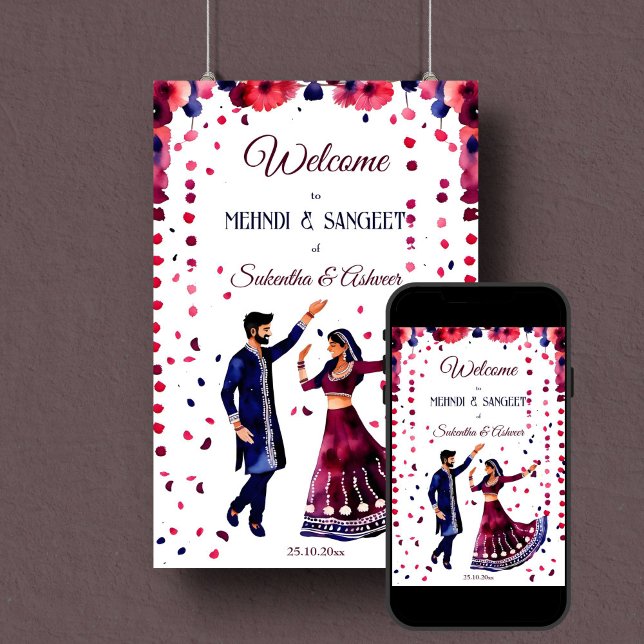Mehndi Sangeet Indiska bröllop moderna välkomsttec Poster (Mehndi and sangeet welcome sign poster instant download dancing Indian bridal couple modern maroon)