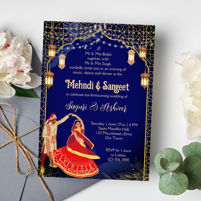 Mehndi Sangeet indiskt dansande par i marinblått  Inbjudningar (Mehendi and sangeet Indian wedding invitation template instant download navy blue dancing couple )