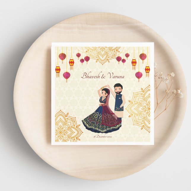 Mehndi & sangeet manadala och söta indiska par pappersservett (Mehndi sangeet Indian wedding table decor manadala cute Indian couple personalized Napkins template)