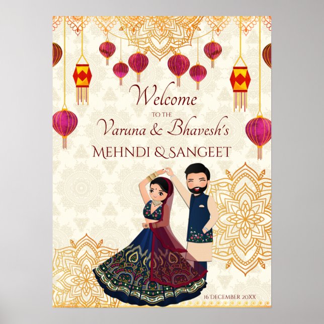 Mehndi & sangeet manadala och söta indiska par poster (Framsidan)