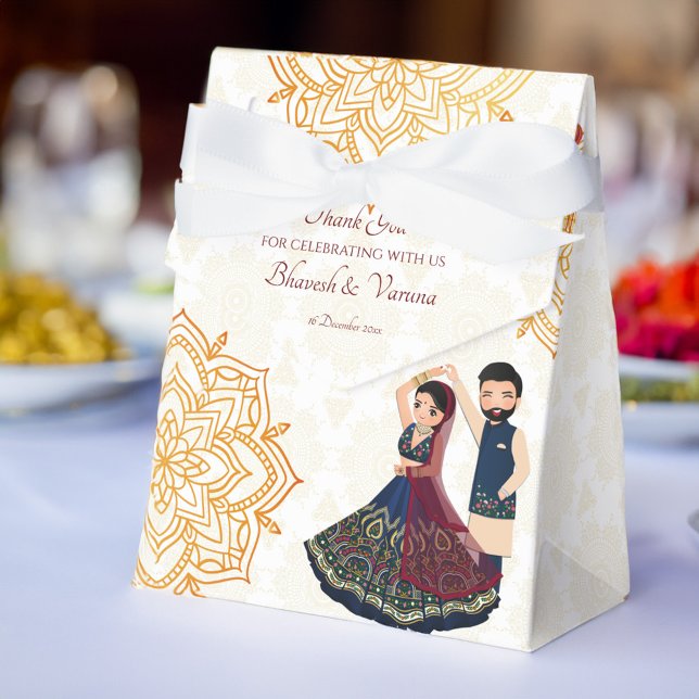 Mehndi & sangeet manadala och söta indiska par presentaskar (Mehndi & sangeet manadala and cute Indian couple Favor Box)
