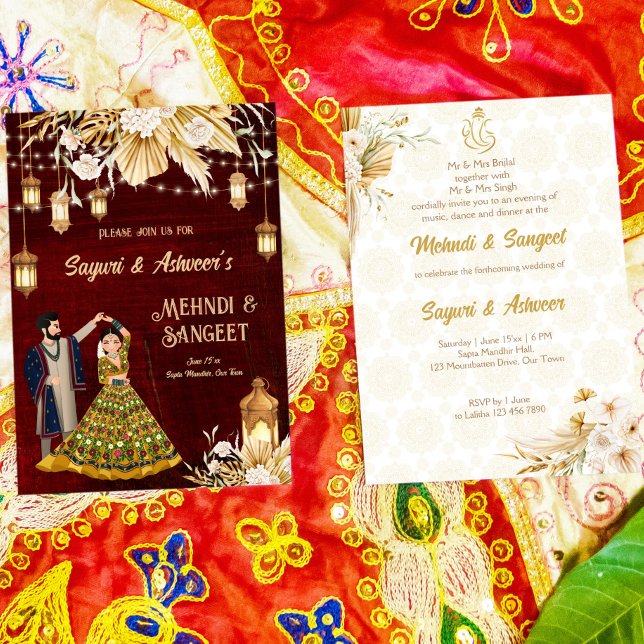 Mehndi Sangeet maroon Indiskt danspar Inbjudningar (Skapare uppladdad)
