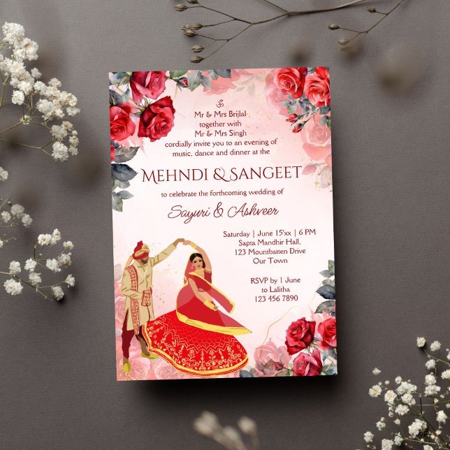 Mehndi Sangeet röd ros indisk danspar Inbjudningar (Mehendi sangeet Indian wedding dancing Indian couple red roses invitation instant download)