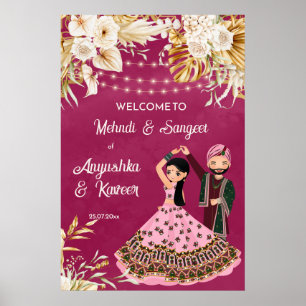 Mehndi sangeet rosa guld indisk bröllops välkomst poster