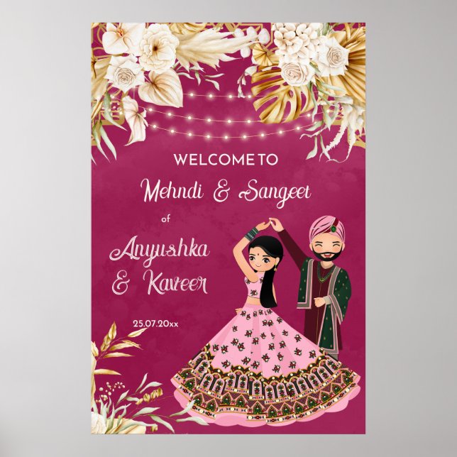 Mehndi sangeet rosa guld indisk bröllops välkomst poster (Framsidan)