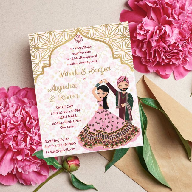 Mehndi sangeet rosa Indian bröllop budget inbjudan (Skapare uppladdad)
