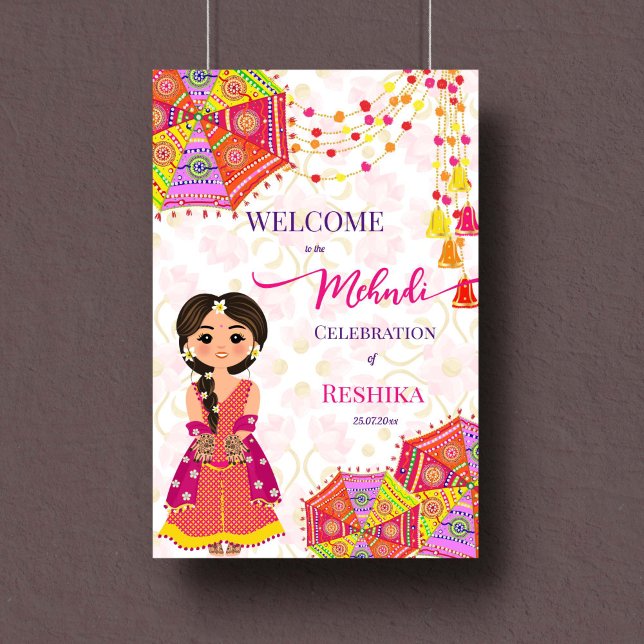 Mehndi söt indisk brid paraplyvälkomsttecken poster (Mehndi welcome sign poster instant download Indian decoration umbrellas tassle henna bride)