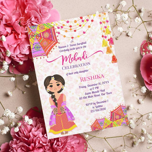 Mehndi söt indisk henna brud paraply rosa inbjudningar (Skapare uppladdad)