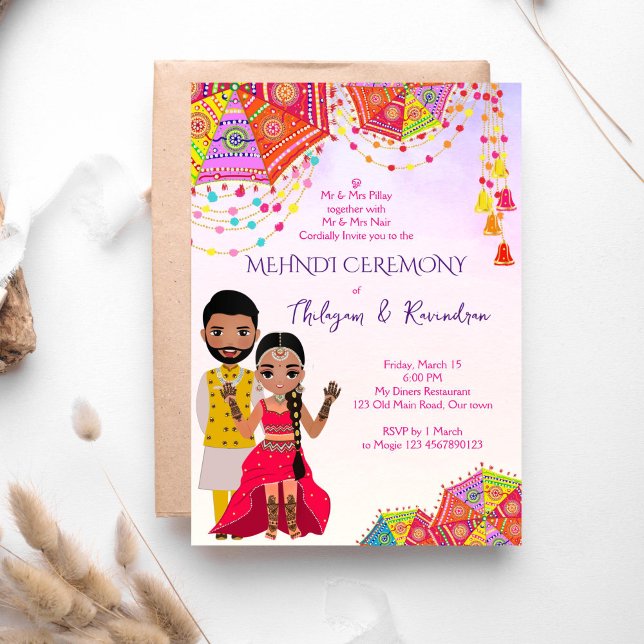 Mehndi South Indian Tamil bröllopsinbjudan Inbjudningar (Mehndi South Indian Tamil template invitation instant download with a cute Tamil bridal couple)