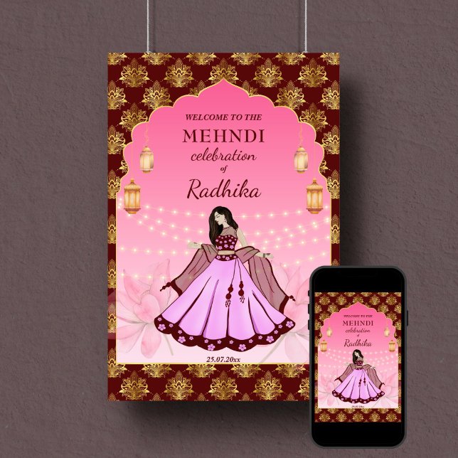 Mehndi-välkomstskylt dansk brudemaron poster (Mehndi welcome sign poster instant download maroon and gold pink arch frame dancing Indian bride)