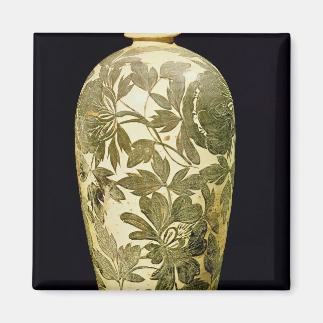 Mei P'ing vas med en dekoration för svart blommigt Magnet (Framsidan)