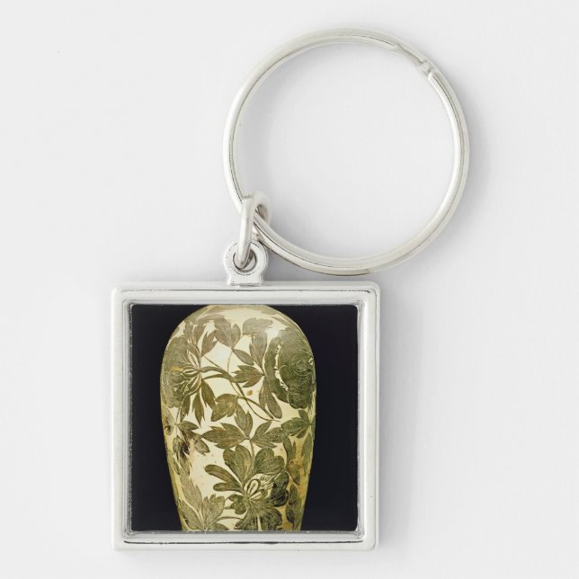 Mei P'ing vas med en svart blom- dekoration Fyrkantig Silverfärgad Nyckelring (Framsidan)