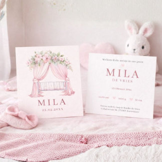 Meisje Roze Wieg Bloemen Waterverf Geboorte Kort