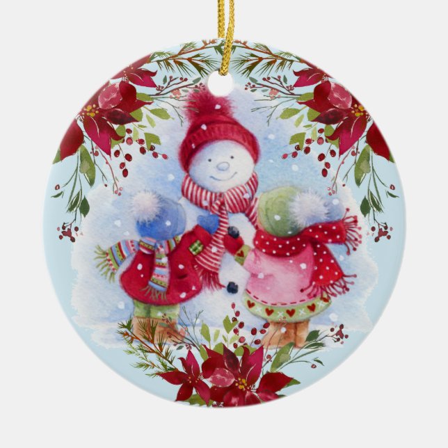 Mejande Snögubbe och barn keramiska prydnadsföremå Julgransprydnad Keramik (Framsidan)