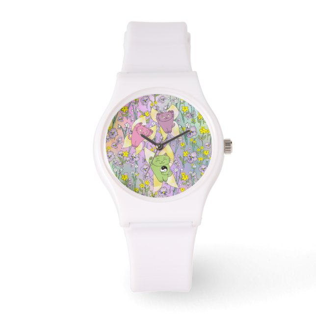 Mejeriet Nekos från Vår med en Blommigt bakgrunden Armbandsur (Framsida)