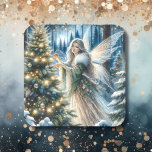 Mejeriet och Julgran i skogen Fyrkantigt Klistermärke<br><div class="desc">Julklistermärken eller kuvertförseglingar för dina julkort. Illustration av en älv eller ängel som dekorerar ett Julgran i en förändrad skog.</div>