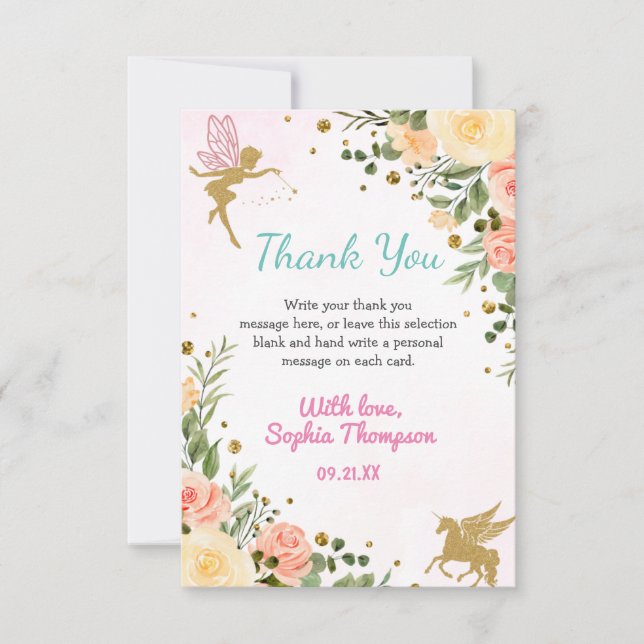 Mejeriet och Unicorn Blommigt Guld Glitter 1:a föd Tack Kort (Framsida)