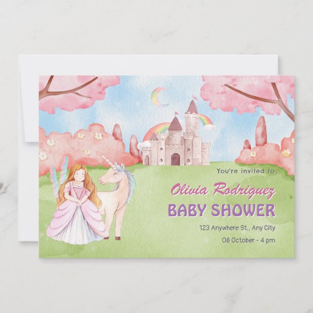 Mejeritalatslottprinsessan Unicorn babydusch Inbjudningar (Framsida)