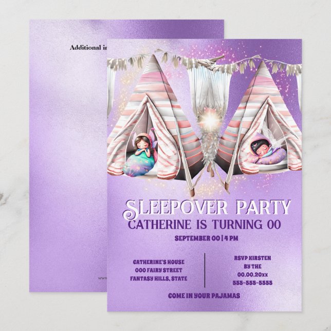 Mejeritema lila shine sleepover slumber inbjudningar (Fram/baksida)