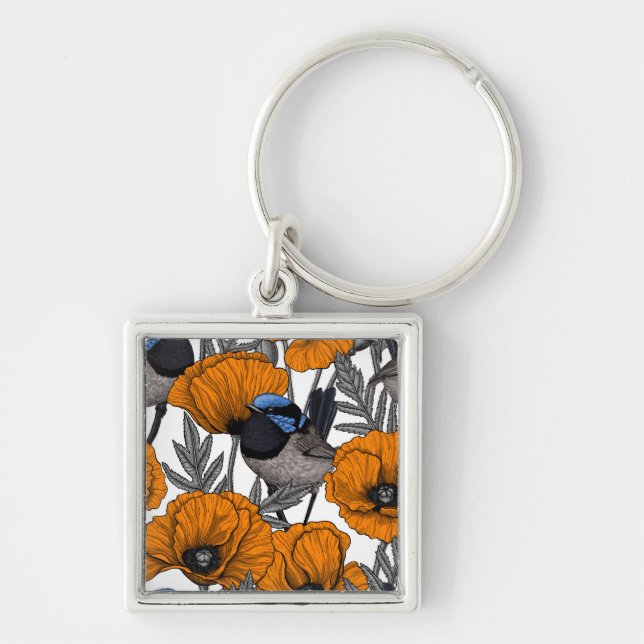 Mejerivat och orange vallmoblommor 2 fyrkantig silverfärgad nyckelring (Framsidan)