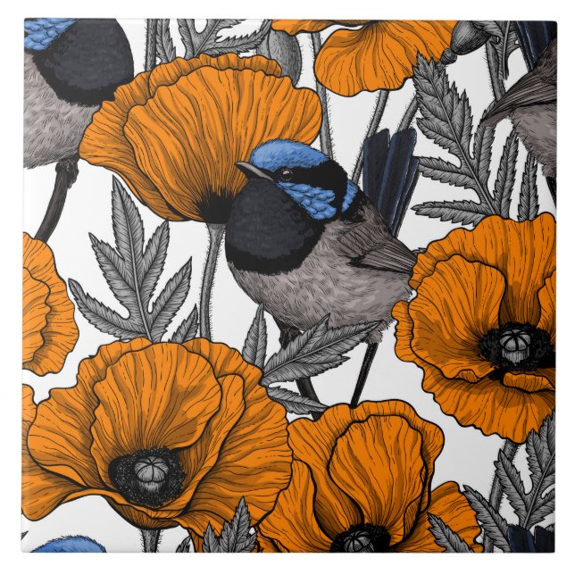 Mejerivat och orange vallmoblommor 2 kakelplatta (Framsidan)