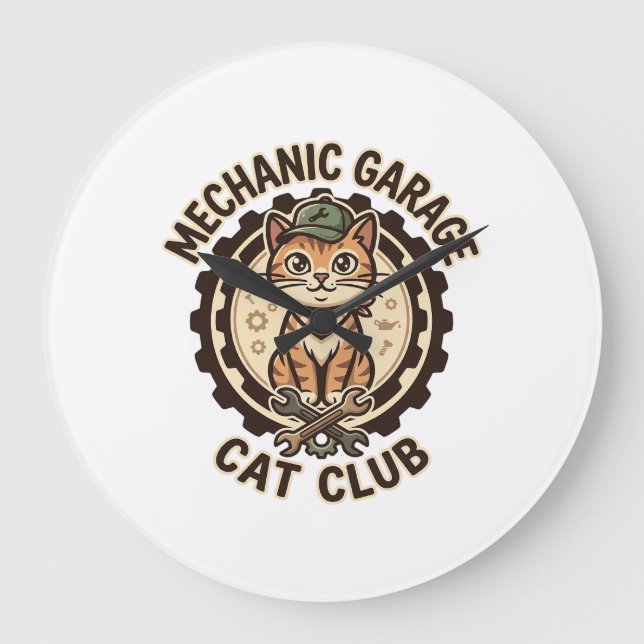 Mekaniker Garage Katt POD Vector Art - Mekaniker G Stor Klocka (Framsida)