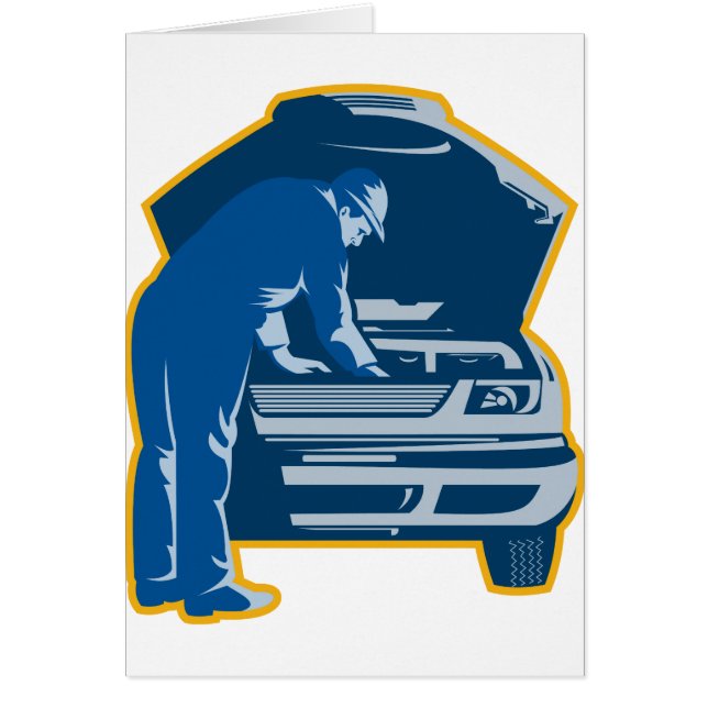 mekanikern reparerar fixandebilautomatiskn hälsningskort (Framsidan)