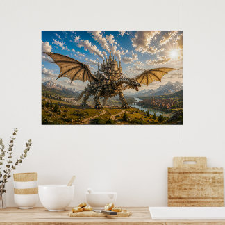 Mekanisk drake som bär en ångpunktsslottstad poster