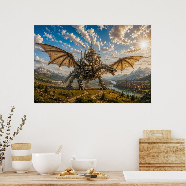Mekanisk drake som bär en ångpunktsslottstad poster (Kök)