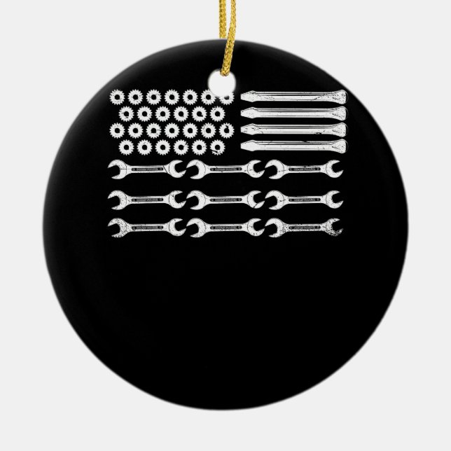 Mekanisk Flagga, Patriotic Mechanic USA flagga Obe Julgransprydnad Keramik (Framsidan)