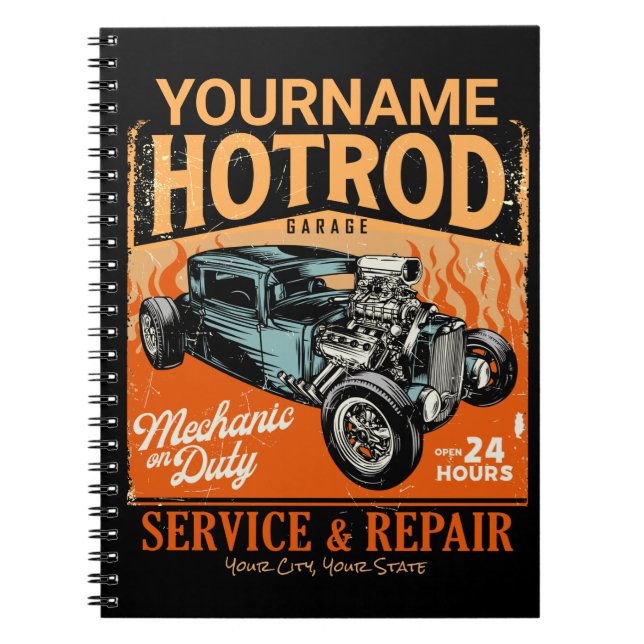 Mekanisk försäljning av hot rod Garage Personlig N Anteckningsbok (Framsidan)