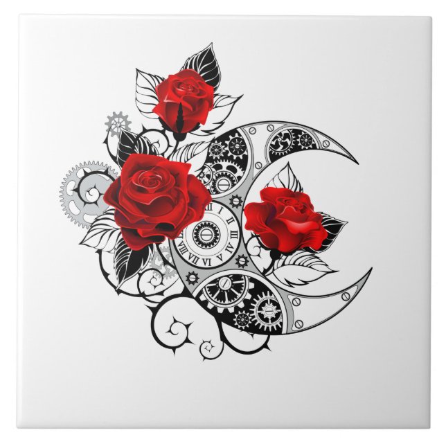 Mekanisk halvmåne med Röd ros Kakelplatta (Framsidan)