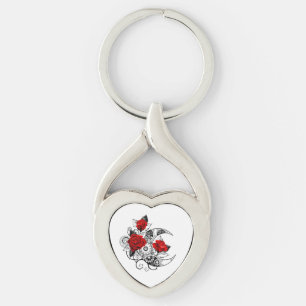 Mekanisk halvmåne med Röd ros Twisted Heart Silverfärgad Nyckelring